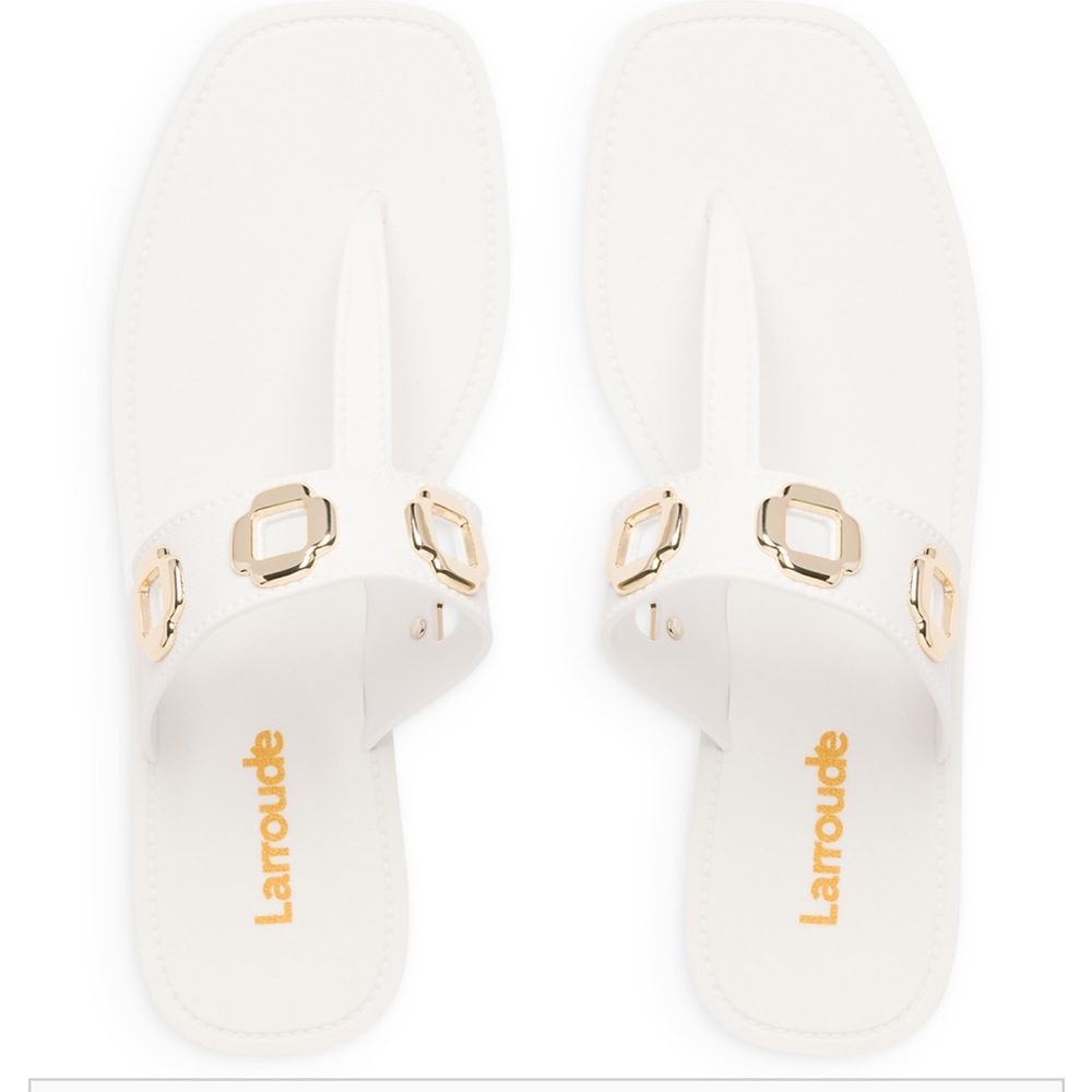 Larroude Milan Thong White Sandals with Gold Details